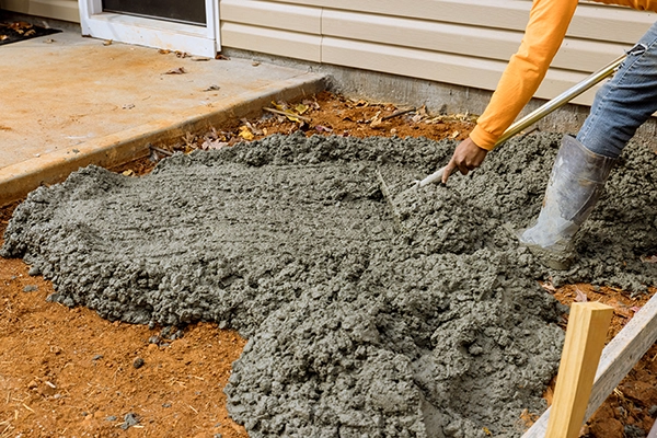 close up of construction worker spreading out concrete